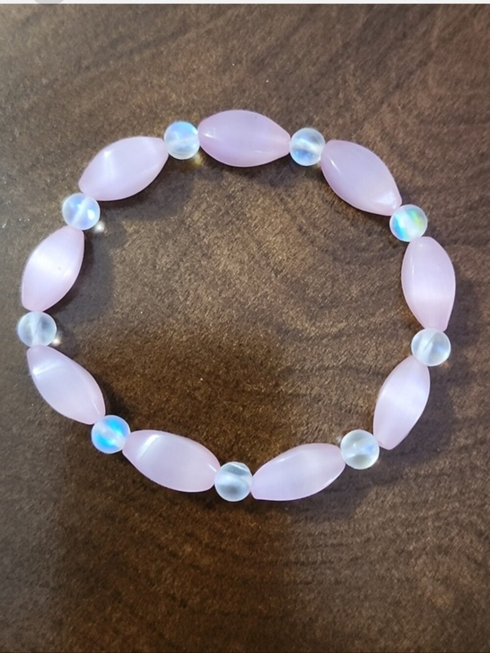 Handmade Pink Cat's Eye And Opalite Beaded Bracelet